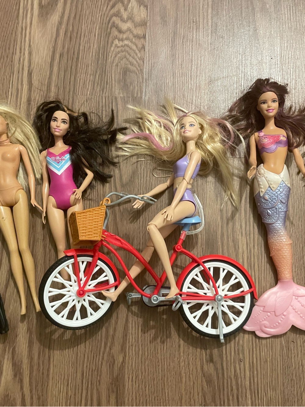 Barbie Red Bicycle with White Wheels and Tan Basket